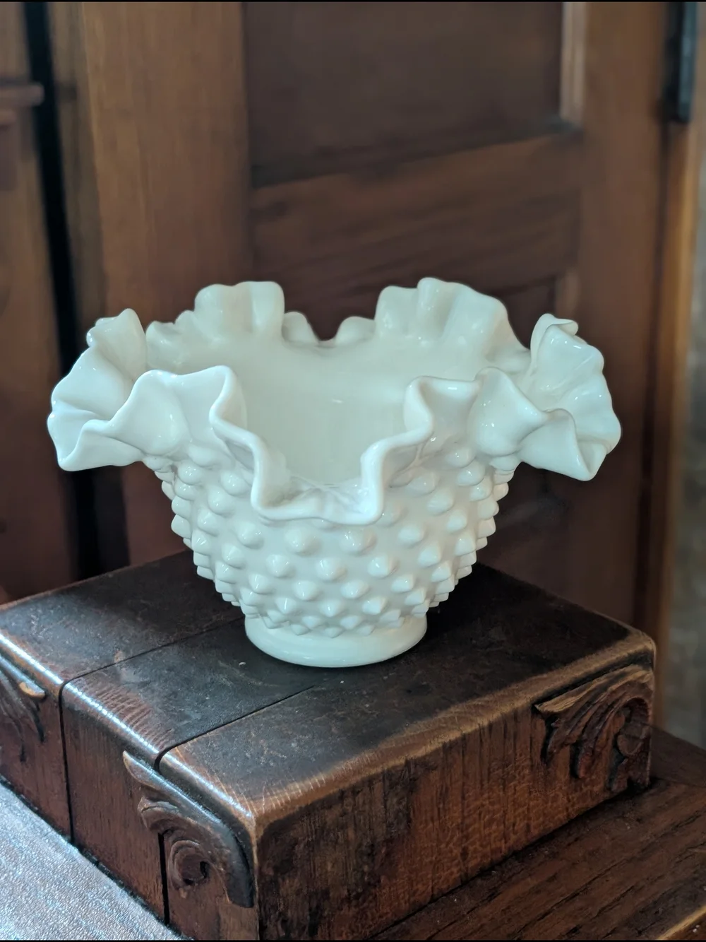Fenton Milk Glass Hobnail Ruffled Crimped Edge Candy Snack Dish Bowl 6.5